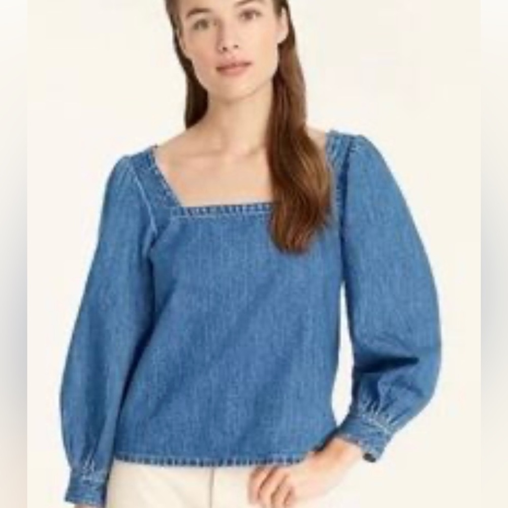 J Crew Square Neck Puff Sleeve Denim Blouse